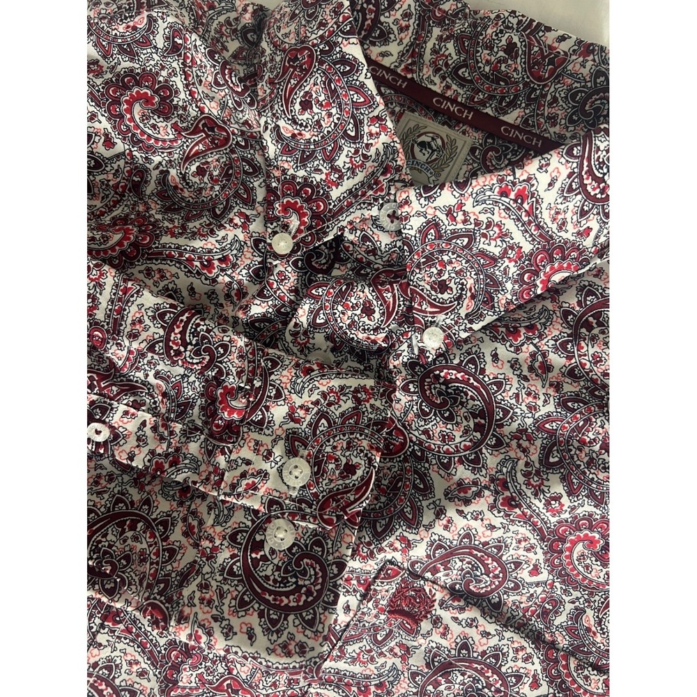 Cinch Mens Small Paisley Long Sleeve Western Button Down Shirt Burgundy White